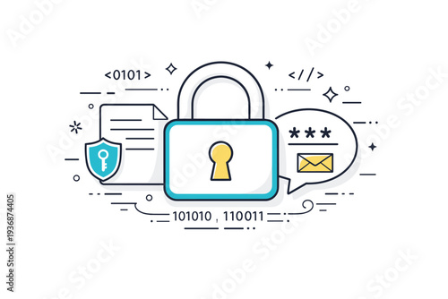 Encrypted data. A calm conceptual scene with files and messages wrapped by a lock symbol. Confidential communication and digital privacy, with code-like