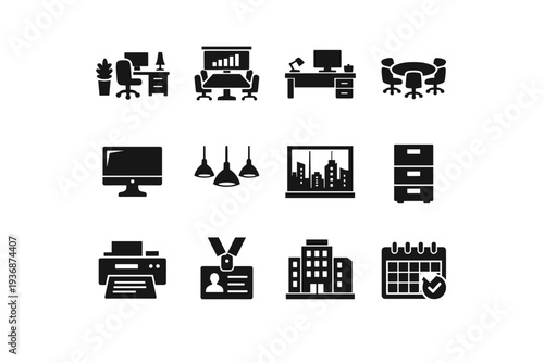 Corporate Workplace. Solid icon set of Corporate Workplace: office interior, conference room, office desk setup, meeting table, computer monitor, office