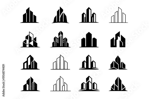 architectural lines. Icon set. Set Logo of architectural lines: linear skyscraper silhouette. harmonious logo variations of the same emblematic concept, each
