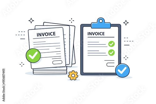 Invoice management. A stack of invoices with checkmarks and a clipboard, representing approval and organization. Clear process and confidence. Minimalist flat