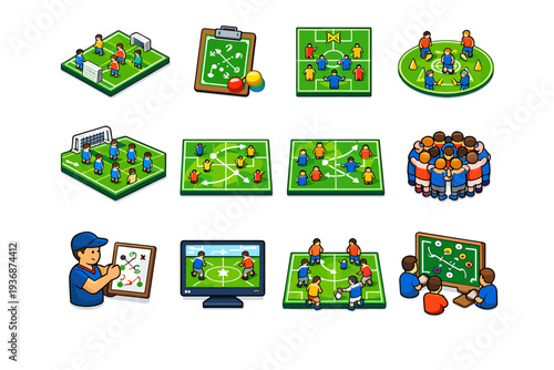 Team Practice. Colorful isometric vector icons set of Team Practice: small sided game, tactical board, formation layout, pressing drill, defensive shape,
