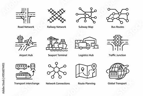 Transportation Networks. Line icon set of Transportation Networks: road network, railway network, subway map, bus routes, airport hub, seaport terminal,