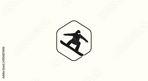 Black silhouette of a snowboarder in a hexagonal frame.