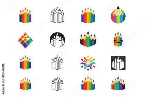 Drawing with colored pencils. Icon set. Set Logo of Drawing with colored pencils: bundle of colored pencils. harmonious logo variations of the same emblematic