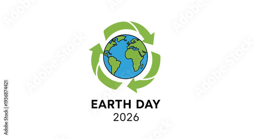 Earth Day 2026 logo with globe and recycling symbol.