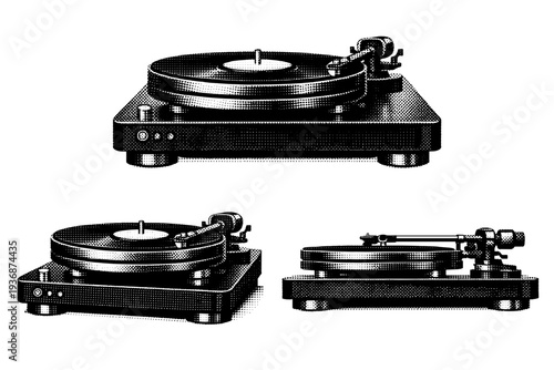 Turntable ? audiophile turntable with suspended platter, precision tonearm, and minimalistic control elements. Black and white dot style with halftone texture