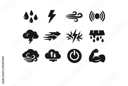Storm Elements. Solid icon set of Storm Elements: rain drops, lightning flash, strong wind symbol, thunder sound waves, storm cloud core, gust