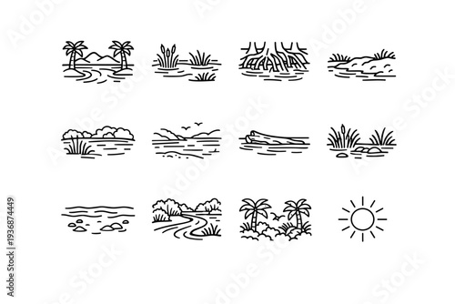 Crocodile Habitat. Line icon set of Crocodile Habitat: tropical river, swamp wetlands, mangrove roots, muddy riverbank, freshwater lake, estuary zone, basking