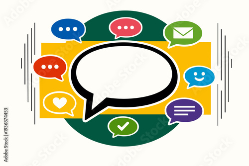A large central black-and-white speech bubble with smaller colorful chat icons surrounding it, thin white contour around the main bubble, framed by