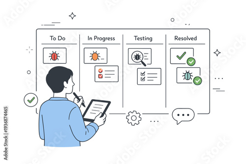 Bug tracking. A person reviewing a kanban-style board with bug cards, organized workflow and calm collaboration feeling. Minimalist flat vector illustration,