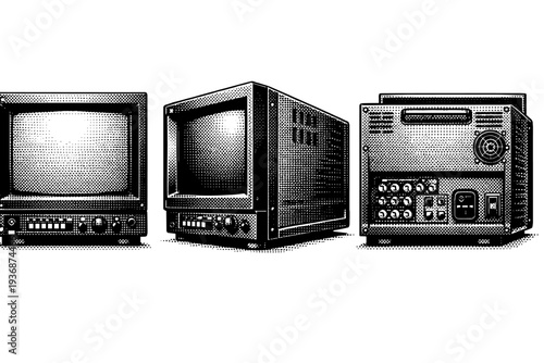 CRT monitor ? broadcast studio display. A realistic broadcast CRT monitor depicted as a single object in three different views highlighting industrial casing