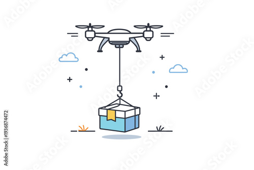 Drone drop-off icon. A drone gently lowering a package to the ground using a thin line or hook. The scene suggests precision, safety, and contactless delivery.