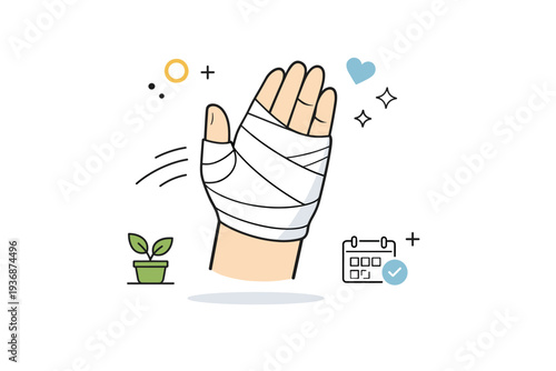 Injured hand recovery process. A clean scene of a bandaged hand slightly raised, suggesting healing and careful movement. Calm mood, patience, and everyday