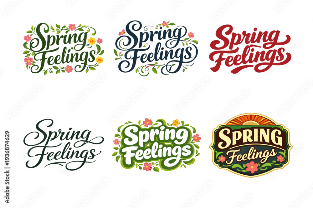 Obraz premium Spring Feelings. Set lettering. harmonious lettering variations of the same emblematic concept, each with different artistic interpretation (Decorative floral
