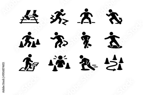 Agility and Speed. Solid icon set of Agility and Speed: agility ladder feet, zigzag run, lateral shuffle, change of direction, cone weave, quick