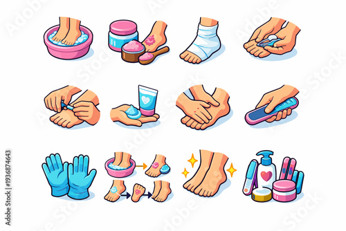 Pedicure Treatment. Colorful isometric vector icons set of Pedicure Treatment: warm water soak, exfoliating scrub, foot mask wrap, nail trimming, cuticle care,