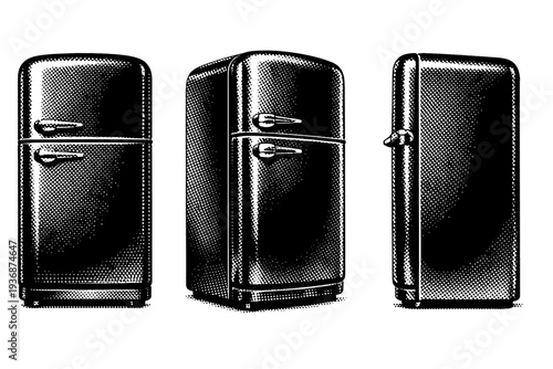 Retro home appliance ? classic 1950s refrigerator with rounded corners thick door and chrome handle shown as a single object. Black and white dot style with