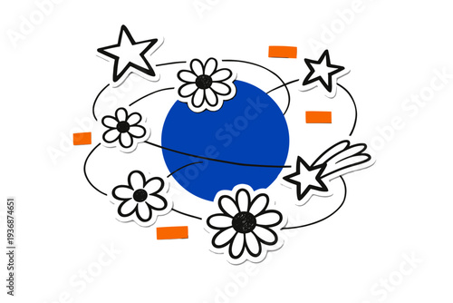 Black and white hand-drawn style stars and flowers arranged in a playful scattered composition, crisp white cut-out outline around each doodle, bold cobalt
