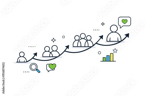 Customer growth insights. Simplified user icons increasing along a timeline, connected by smooth lines and small highlights. A friendly scene about audience