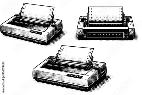 Dot matrix printer ? early home computer peripheral with plastic shell and exposed paper guides. Black and white dot style with halftone texture and high