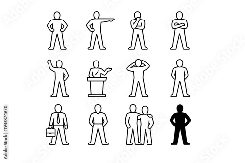 Leadership posture. Line icon set of Leadership posture: leader standing front, commanding stance, decision maker pose, authority posture, inspirational
