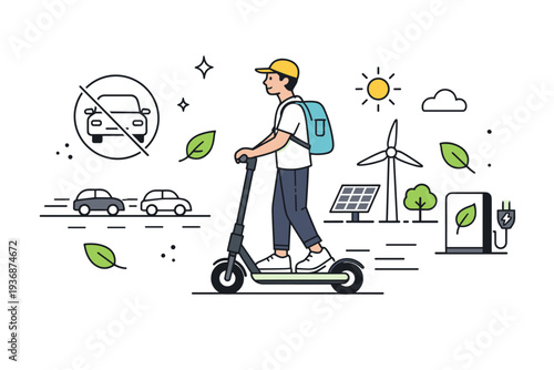 Eco-friendly commuting. A focused scene with a person riding an e-scooter instead of a car. Clean energy, reduced traffic and mindful lifestyle, with leaf