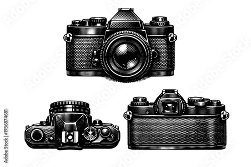Film camera ? classic 35mm SLR camera with prism viewfinder, textured grip, and realistic mechanical proportions. Black and white dot style with halftone