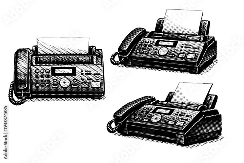 Fax machine ? vintage office fax unit. A realistic vintage fax machine shown as a single object in three different views including top view, front angle, and