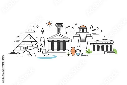 Ancient civilizations architecture. Stylized temples, columns, and stepped structures arranged in a balanced composition. Sense of stability, history, and