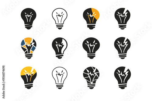 Flickering Light Bulb. Icon set. Set Logo of Flickering Light Bulb: broken filament bulb. harmonious logo variations of the same emblematic concept, each with
