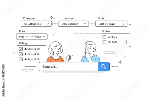 Advanced search filters. Dropdown menus and checkboxes connected to a search field, expressing structured selection and clarity. Calm and organized interface
