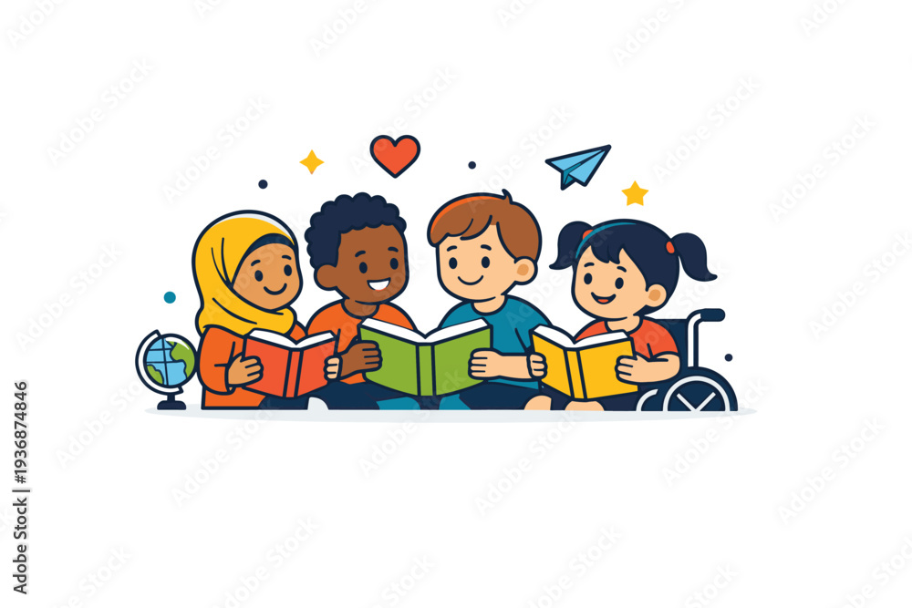 Fototapeta premium Inclusion illustrated by a classroom scene with children of different backgrounds sharing books and smiling, symbolizing learning, diversity, and togetherness.