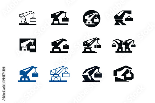 Quay. Icon set. Set Logo of quay: quay crane. harmonious logo variations of the same emblematic concept, each with different artistic interpretation (Minimal