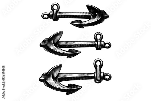 Anchor side view ? A maritime anchor presented as one object in three side-oriented views, emphasizing profile silhouette, arm curvature, and weight
