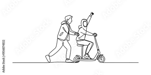 One Line Drawing of Two People on Electric Scooter, One Pushing, One Riding Joyfully