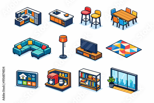 Modern Loft Living. Colorful isometric vector icons set of modern loft living: open plan kitchen, kitchen island, bar stools, modern dining table, sectional