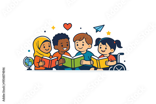 Inclusion illustrated by a classroom scene with children of different backgrounds sharing books and smiling, symbolizing learning, diversity, and togetherness.