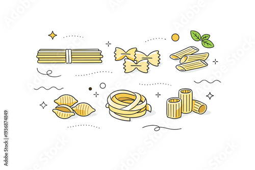 Minimal pasta series. A clean editorial scene presenting different pasta shapes arranged neatly on a white surface. Calm simplicity and Italian food culture,