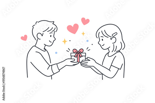 Romantic message. A person giving a handwritten note or small gift to another, expressing love and care. Soft, tender mood with abstract floating hearts and