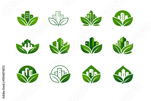 May greenery in urban streets. Icon set. Set Logo of May greenery in urban streets: young spring leaves. harmonious logo variations of the same emblematic