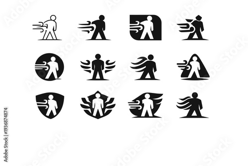 An individual standing firm against a strong wind, unfazed. Icon set. Set Logo of an individual standing firm against a strong wind, unfazed: standing human