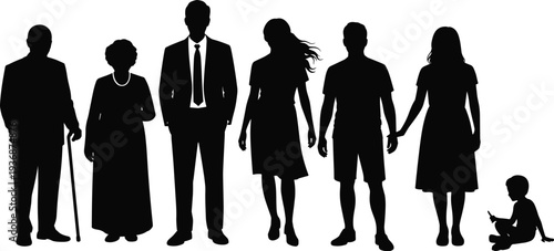 Multi generation family silhouette set, grandparents parents children and baby together, diverse people standing vector illustration isolated on white background
