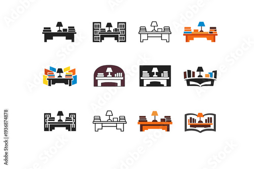 A bookish-themed home office with shelves of books. Icon set. Set Logo of A bookish-themed home office with shelves of books: stacked books. harmonious logo
