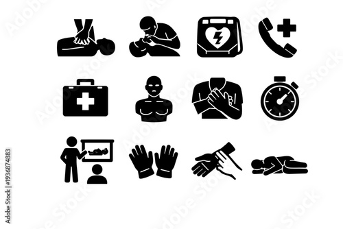 CPR Training. Solid icon set of CPR Training: CPR chest compression, rescue breathing mask, AED defibrillator, emergency phone call, first aid kit, training