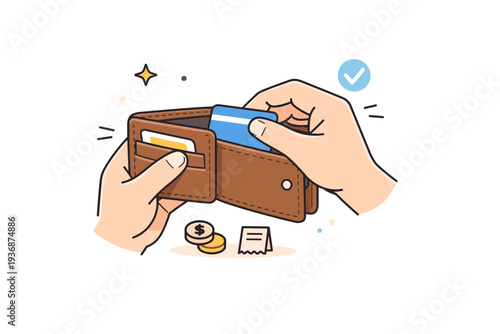 Everyday leather wallet use. A person opening a leather wallet to take out a card, simple daily routine moment. Clean practical scene with calm movement and