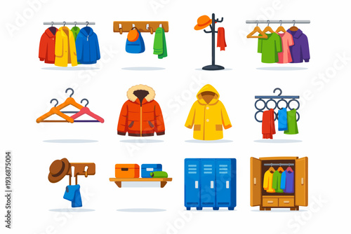 coat storage. Colorful flat vector icons set of coat storage: hanging coats, wall hooks, freestanding coat rack, closet rod, hangers, winter jacket, raincoat,