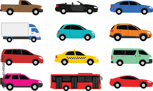 Collection of colorful vehicle icons including pickup truck, sedan, taxi, bus, van, SUV, convertible and delivery truck flat transportation vector set