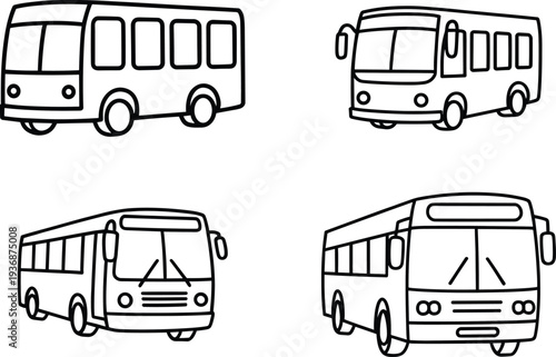Bus outline icon set featuring public transport city buses and coach vehicles for urban transportation, travel mobility and transit system vector illustration