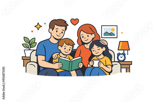 Happy family expressed through a gentle home-centered scene where family members share a calm moment that suggests comfort, care and shared routines. The mood