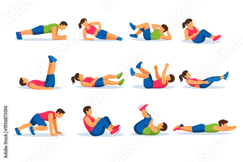 Core exercises. Colorful flat vector icons set of core exercises: plank, side plank, bicycle crunch, russian twist, leg raise, flutter kicks, dead bug, hollow